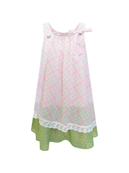 Sweet Pink Plaid Patchwork Lace Strap Dress【s0000017571】