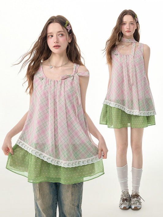 Sweet Pink Plaid Patchwork Lace Strap Dress【s0000017571】