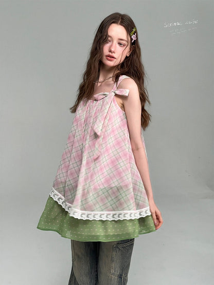 Sweet Pink Plaid Patchwork Lace Strap Dress【s0000017571】