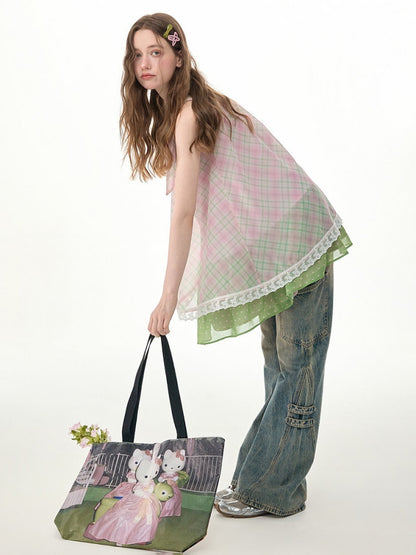 Sweet Pink Plaid Patchwork Lace Strap Dress【s0000017571】