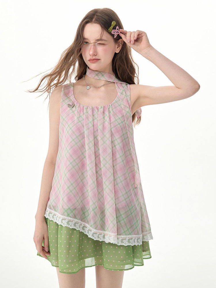 Sweet Pink Plaid Patchwork Lace Strap Dress【s0000017571】