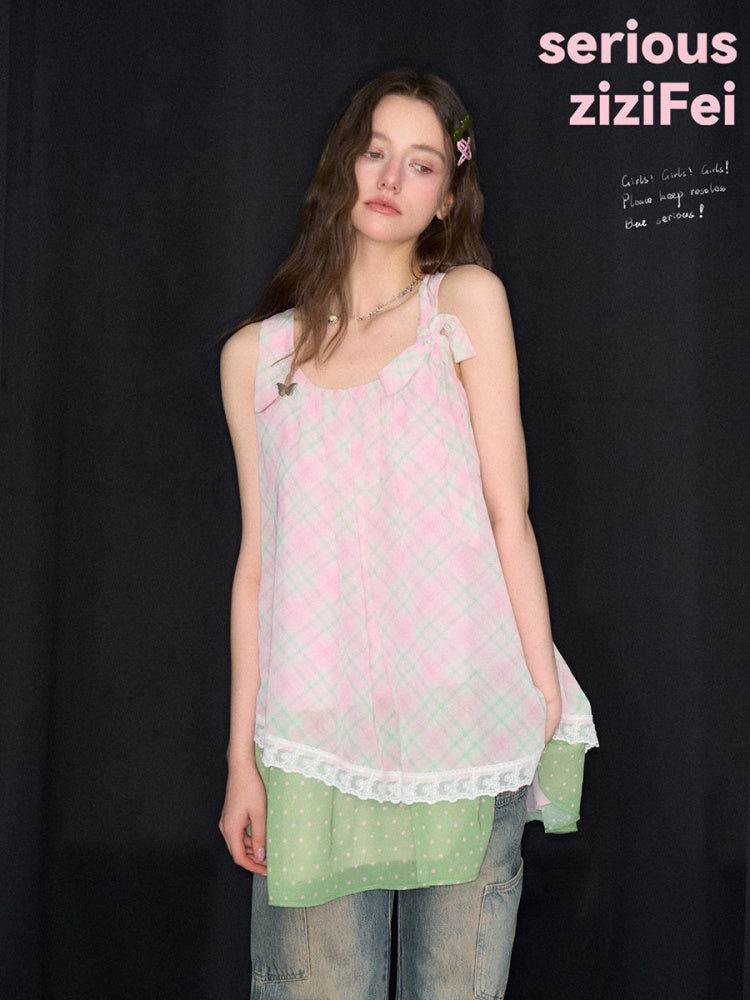 Sweet Pink Plaid Patchwork Lace Strap Dress【s0000017571】
