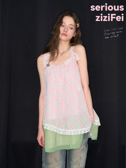 Sweet Pink Plaid Patchwork Lace Strap Dress【s0000017571】