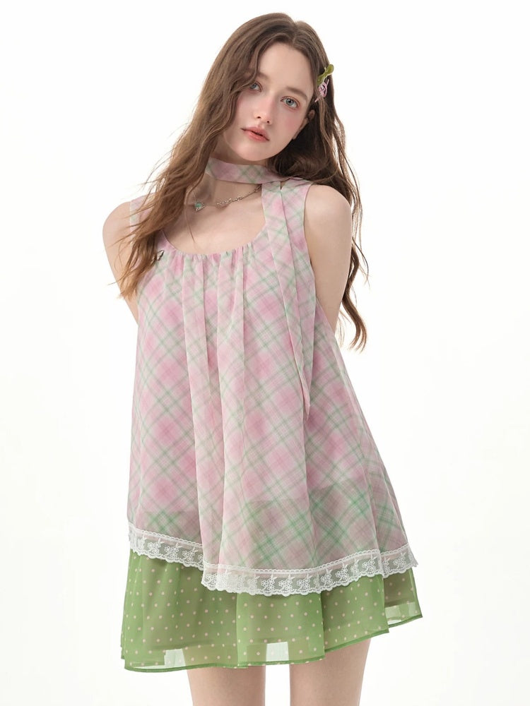Sweet Pink Plaid Patchwork Lace Strap Dress【s0000017571】