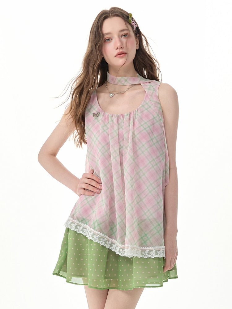 Sweet Pink Plaid Patchwork Lace Strap Dress【s0000017571】