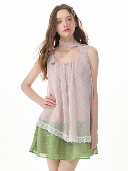 Sweet Pink Plaid Patchwork Lace Strap Dress【s0000017571】
