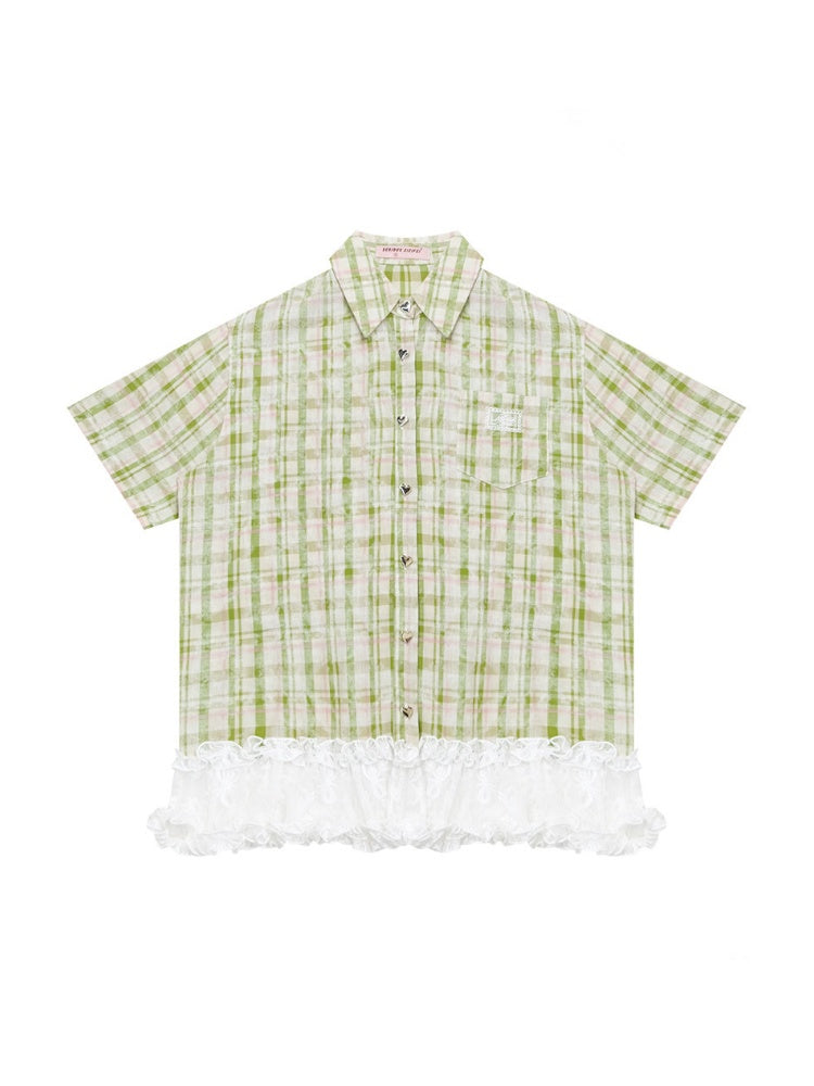 Vintage Countryside Green Plaid Lace Hem Short-Sleeved Shirt【s0000017572】