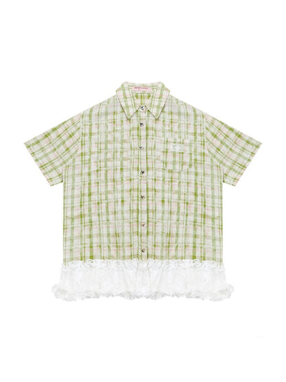 Vintage Countryside Green Plaid Lace Hem Short-Sleeved Shirt【s0000017572】