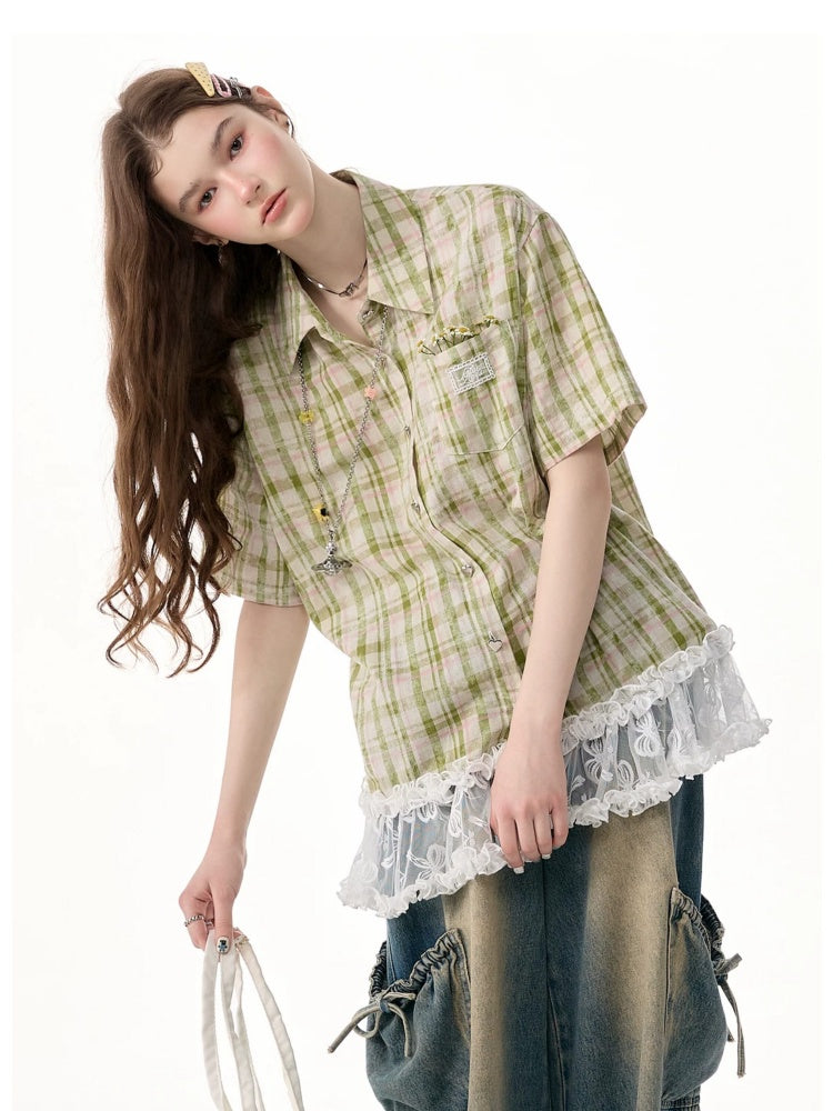 Vintage Countryside Green Plaid Lace Hem Short-Sleeved Shirt【s0000017572】