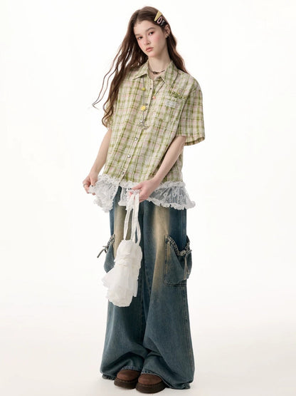 Vintage Countryside Green Plaid Lace Hem Short-Sleeved Shirt【s0000017572】