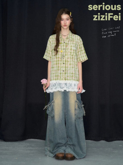 Vintage Countryside Green Plaid Lace Hem Short-Sleeved Shirt【s0000017572】