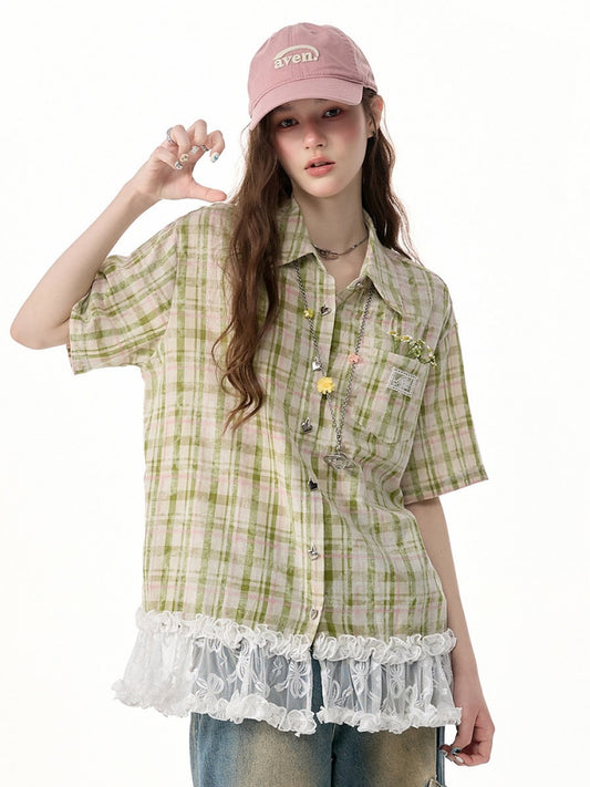 Vintage Countryside Green Plaid Lace Hem Short-Sleeved Shirt【s0000017572】