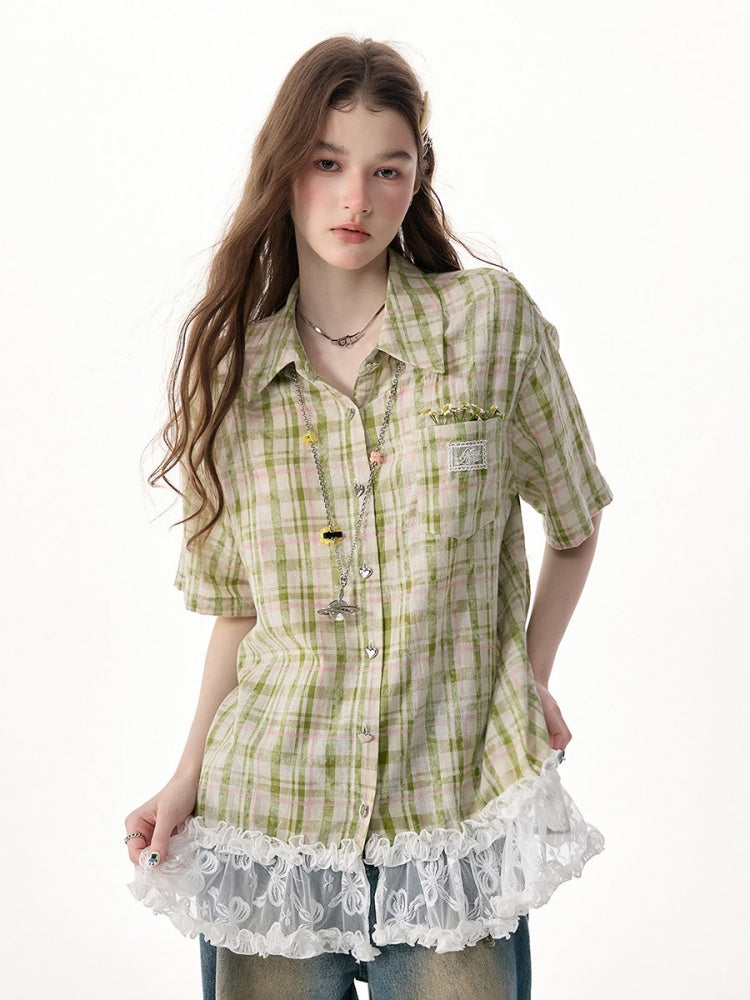 Vintage Countryside Green Plaid Lace Hem Short-Sleeved Shirt【s0000017572】