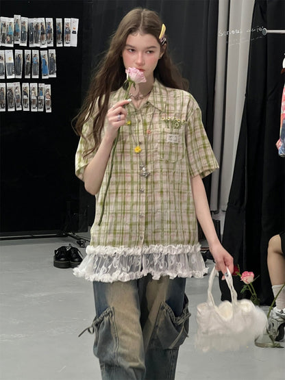 Vintage Countryside Green Plaid Lace Hem Short-Sleeved Shirt【s0000017572】
