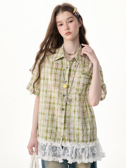 Vintage Countryside Green Plaid Lace Hem Short-Sleeved Shirt【s0000017572】