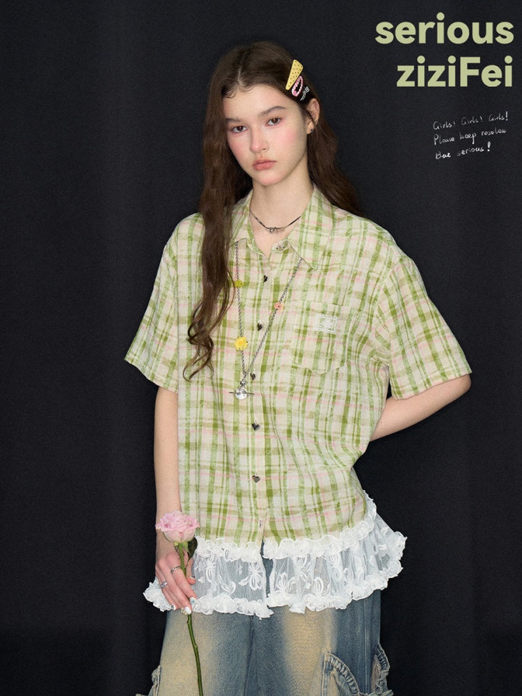 Vintage Countryside Green Plaid Lace Hem Short-Sleeved Shirt【s0000017572】