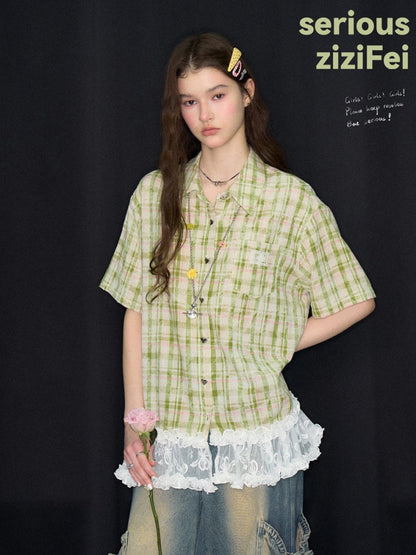 Vintage Countryside Green Plaid Lace Hem Short-Sleeved Shirt【s0000017572】