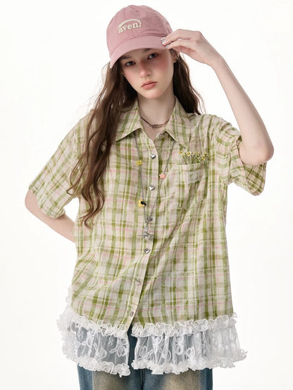 Vintage Countryside Green Plaid Lace Hem Short-Sleeved Shirt【s0000017572】