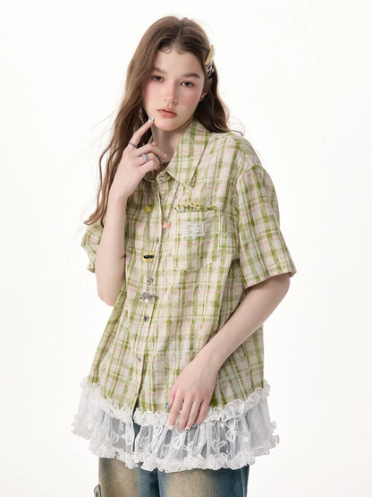 Vintage Countryside Green Plaid Lace Hem Short-Sleeved Shirt【s0000017572】