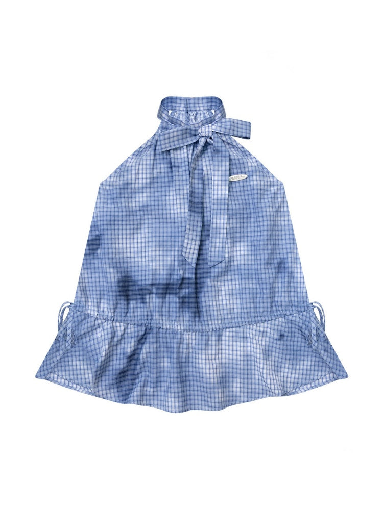 Blue Plaid Bow Halter-Neck Waist-Cinching Tank Top【s0000017573】