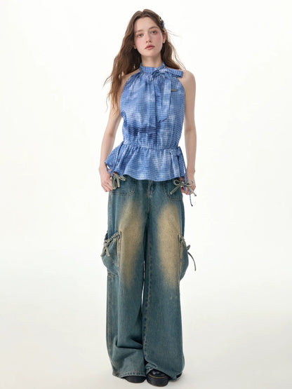 Blue Plaid Bow Halter-Neck Waist-Cinching Tank Top【s0000017573】