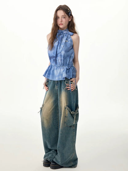 Blue Plaid Bow Halter-Neck Waist-Cinching Tank Top【s0000017573】