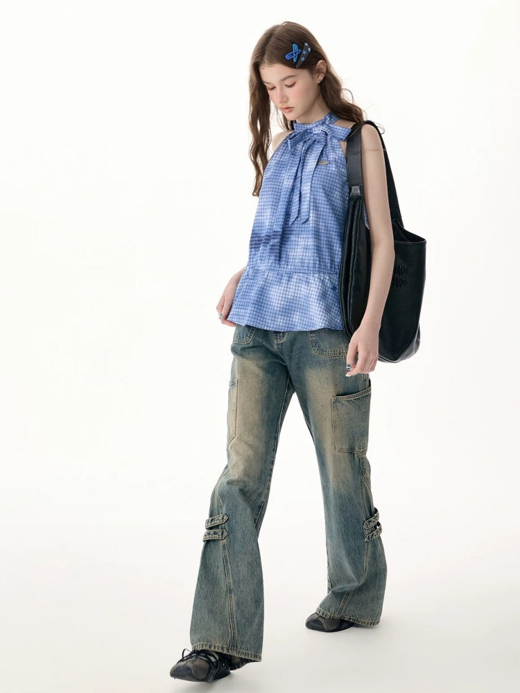 Blue Plaid Bow Halter-Neck Waist-Cinching Tank Top【s0000017573】