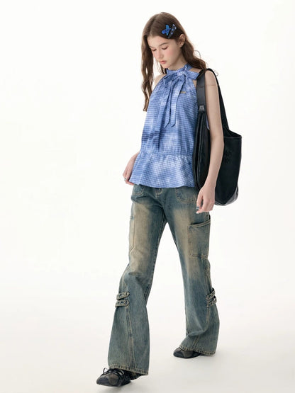 Blue Plaid Bow Halter-Neck Waist-Cinching Tank Top【s0000017573】