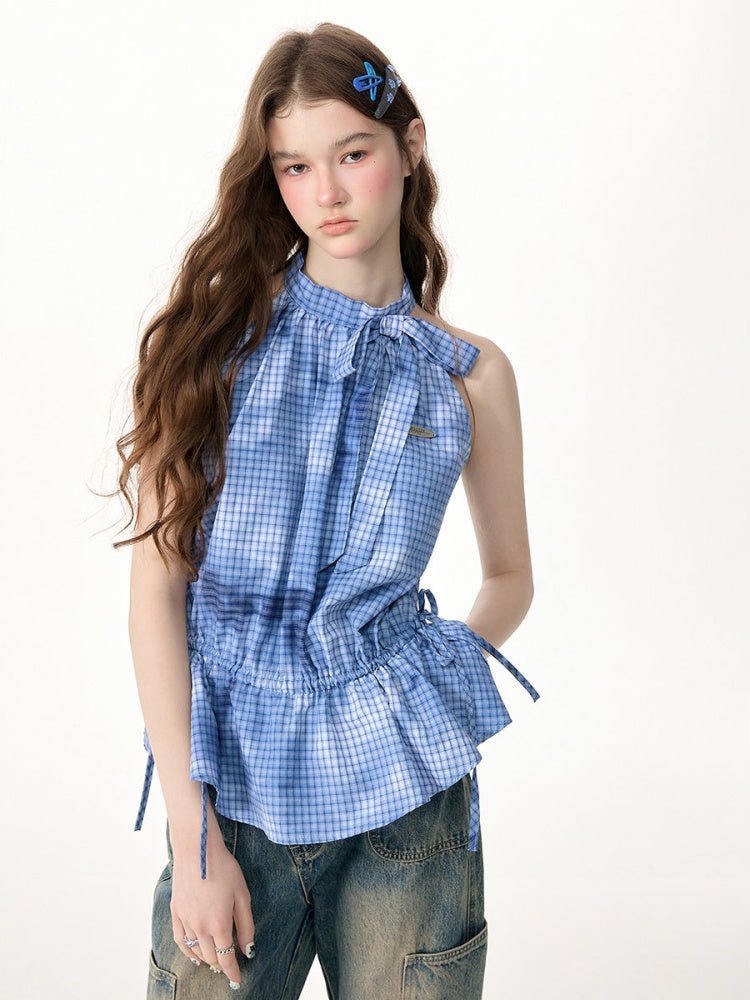 Blue Plaid Bow Halter-Neck Waist-Cinching Tank Top【s0000017573】