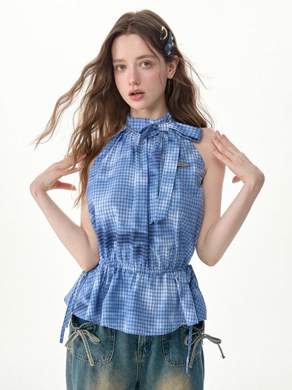 Blue Plaid Bow Halter-Neck Waist-Cinching Tank Top【s0000017573】