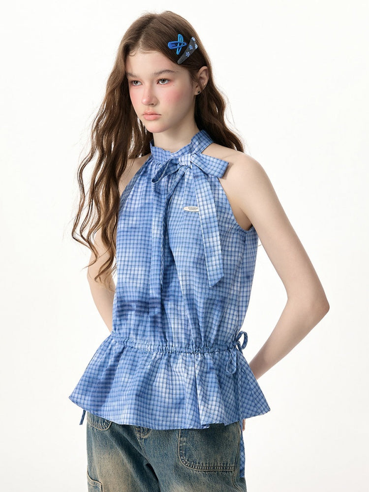 Blue Plaid Bow Halter-Neck Waist-Cinching Tank Top【s0000017573】