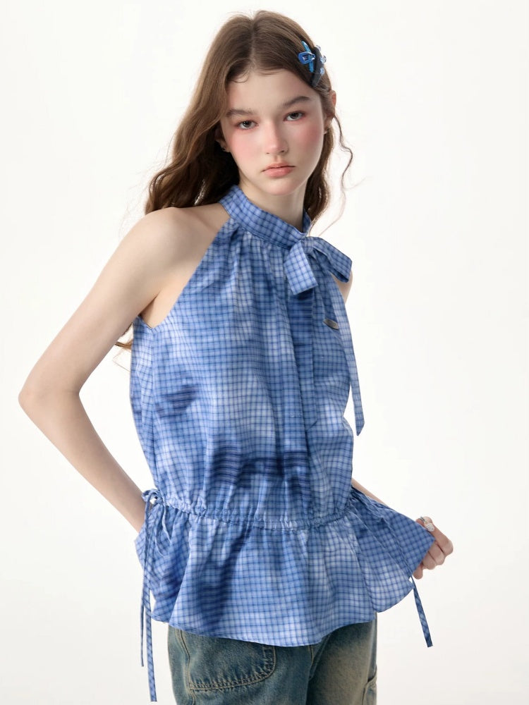 Blue Plaid Bow Halter-Neck Waist-Cinching Tank Top【s0000017573】