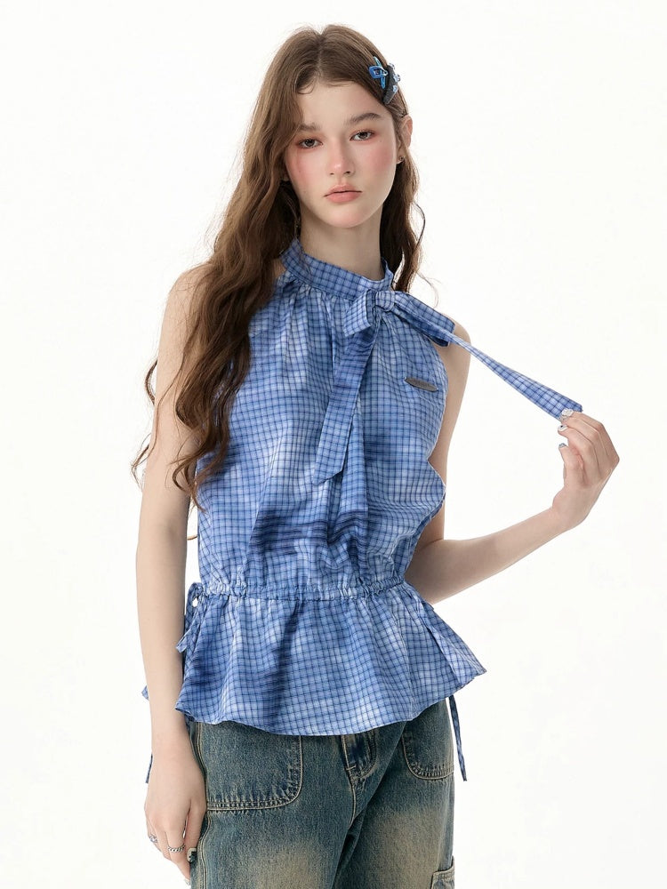 Blue Plaid Bow Halter-Neck Waist-Cinching Tank Top【s0000017573】