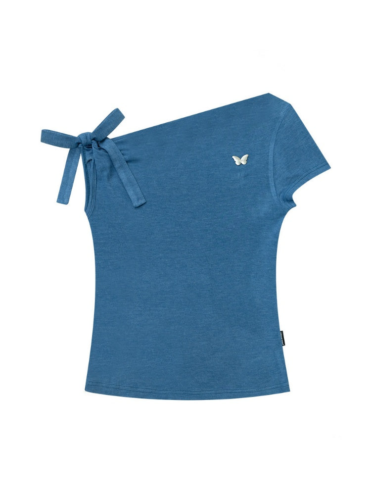 Off-Shoulder Sweet Cool Blue Slim Fit Short-Sleeve T-Shirt【s0000017574】
