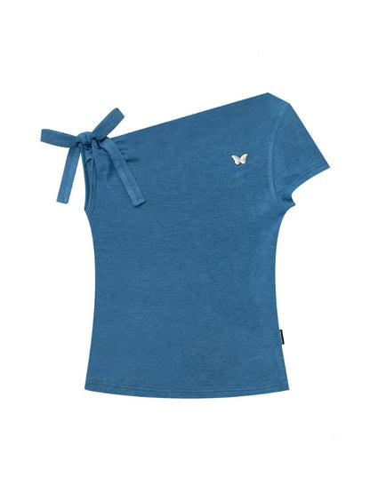 Off-Shoulder Sweet Cool Blue Slim Fit Short-Sleeve T-Shirt【s0000017574】