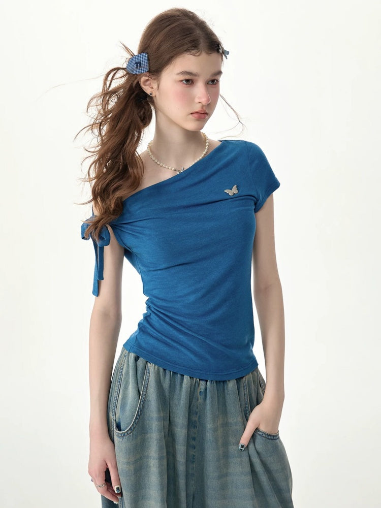 Off-Shoulder Sweet Cool Blue Slim Fit Short-Sleeve T-Shirt【s0000017574】