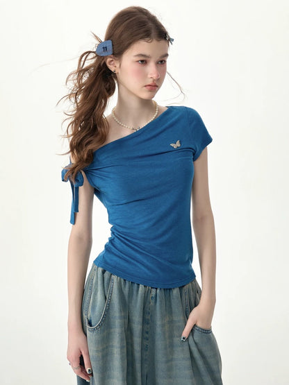 Off-Shoulder Sweet Cool Blue Slim Fit Short-Sleeve T-Shirt【s0000017574】