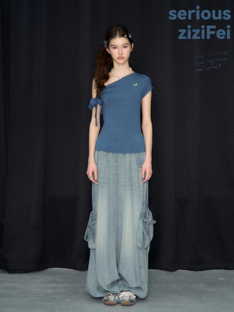 Off-Shoulder Sweet Cool Blue Slim Fit Short-Sleeve T-Shirt【s0000017574】