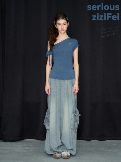 Off-Shoulder Sweet Cool Blue Slim Fit Short-Sleeve T-Shirt【s0000017574】