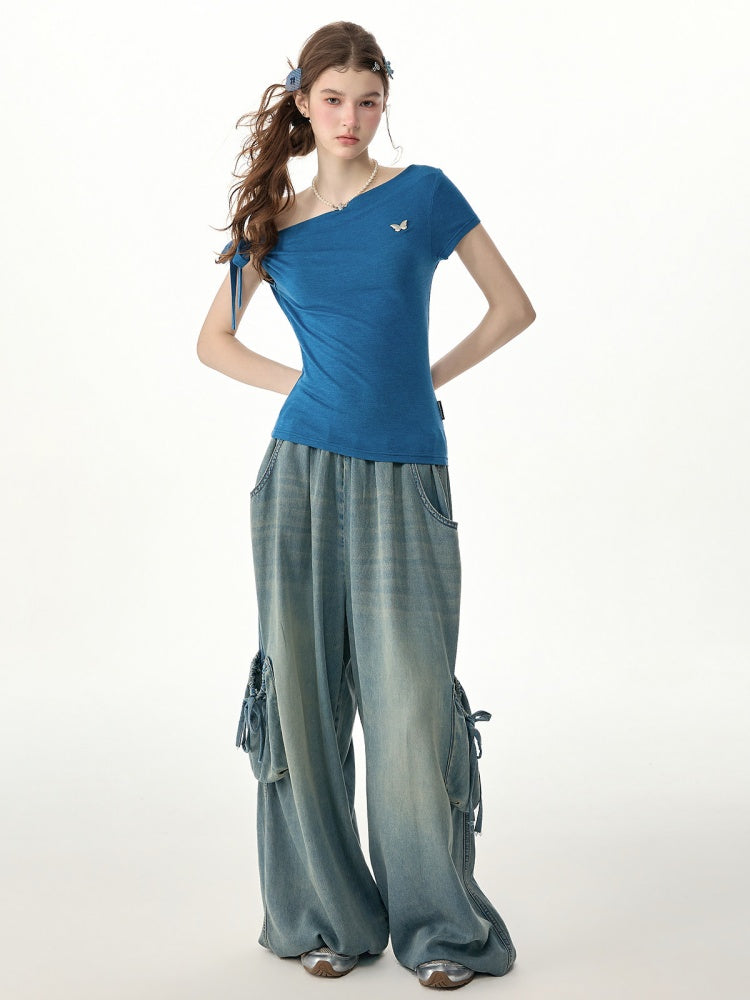 Off-Shoulder Sweet Cool Blue Slim Fit Short-Sleeve T-Shirt【s0000017574】