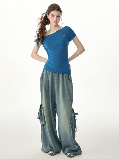 Off-Shoulder Sweet Cool Blue Slim Fit Short-Sleeve T-Shirt【s0000017574】