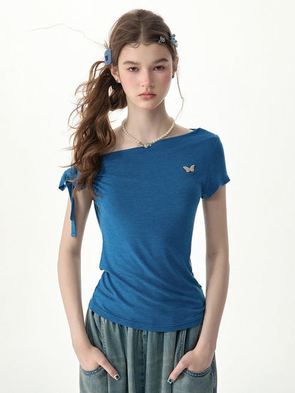 Off-Shoulder Sweet Cool Blue Slim Fit Short-Sleeve T-Shirt【s0000017574】