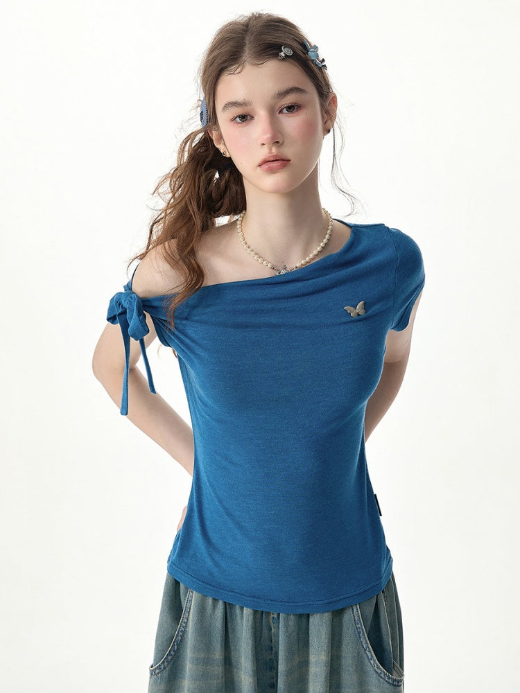 Off-Shoulder Sweet Cool Blue Slim Fit Short-Sleeve T-Shirt【s0000017574】