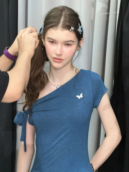 Off-Shoulder Sweet Cool Blue Slim Fit Short-Sleeve T-Shirt【s0000017574】