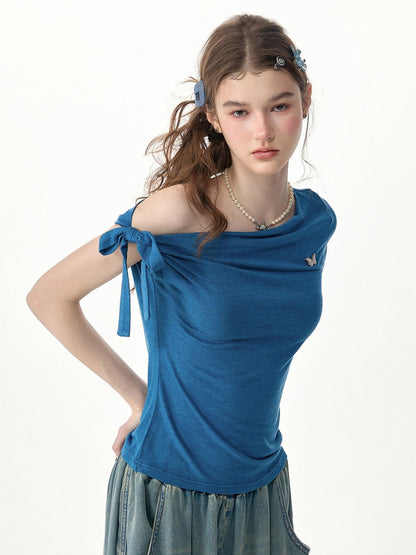 Off-Shoulder Sweet Cool Blue Slim Fit Short-Sleeve T-Shirt【s0000017574】