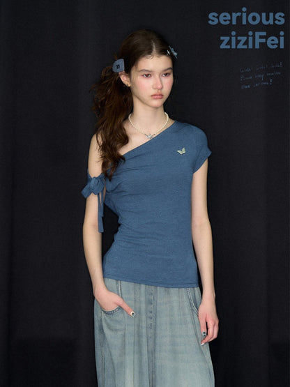 Off-Shoulder Sweet Cool Blue Slim Fit Short-Sleeve T-Shirt【s0000017574】