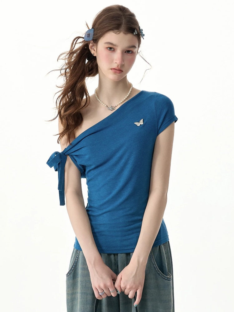 Off-Shoulder Sweet Cool Blue Slim Fit Short-Sleeve T-Shirt【s0000017574】