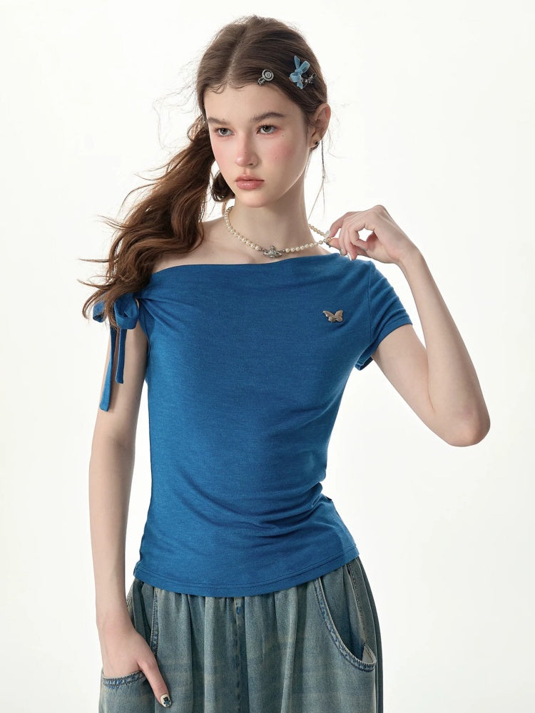 Off-Shoulder Sweet Cool Blue Slim Fit Short-Sleeve T-Shirt【s0000017574】