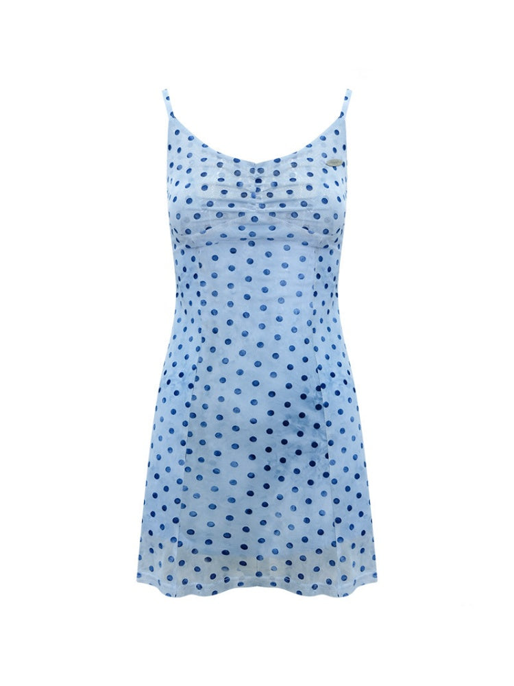 Ice Blue Polka Dot Waist-Cinching Slimming Camisole Dress【s0000017575】