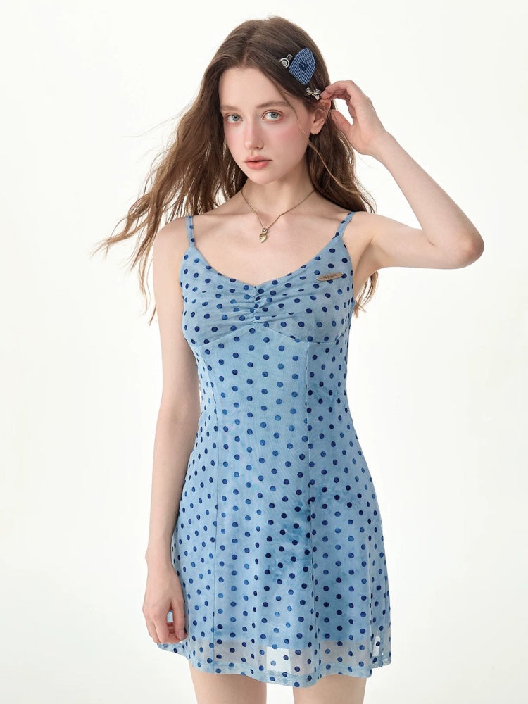 Ice Blue Polka Dot Waist-Cinching Slimming Camisole Dress【s0000017575】